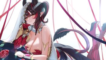 1girl ally_kirser artist_request black_hair bracer breasts cleavage closed_mouth commentary commission elbow_gloves english_commentary facial_mark feet_up flower gloves hair_between_eyes high_heels highres horns indie_virtual_youtuber large_breasts long_hair looking_at_viewer lying multicolored_hair on_stomach pointy_ears red_flower red_gloves red_rose red_streaks rose second-party_source single_elbow_glove single_glove smile solo streaked_hair tail the_pose triangle triangle_facial_mark virtual_youtuber white_background