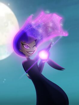 dc_comics dc_super_hero_girls floating_hair highres kora_kumori looking_at_viewer one_eye_closed purple_eyes purple_hair solo wink zatanna_zatara