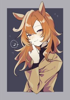 1girl alternate_costume alternate_hair_length alternate_hairstyle amano_(amano_miko) animal_ears black_shirt brown_coat coat commentary_request hair_between_eyes highres horse_ears horse_girl long_hair long_sleeves looking_at_viewer musical_note orange_hair purple_eyes shirt simple_background solo spoken_musical_note t.m._opera_o_(umamusume) turtleneck umamusume