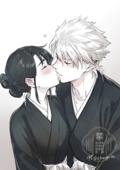 1boy 1girl absurdres bleach bleach:_epilogue blush bow-shaped_hair commentary_request etranger140 heart height_difference hetero highres hinamori_momo hitsugaya_toushirou hitsugaya_toushirou_(adult) imminent_kiss japanese_clothes lips parted_lips sepia shihakusho signature twitter_username watermark