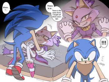! !! 1boy 1girl animal_ears blaze_the_cat blue_fur cat_ears cat_girl cat_tail fur-trimmed_gloves fur-trimmed_shoes fur_trim furry furry_female gloves green_eyes pink_shoes purple_fur red_shoes shoes sonic_(series) sonic_the_hedgehog speech_bubble tail white_gloves yellow_eyes yeonwu08