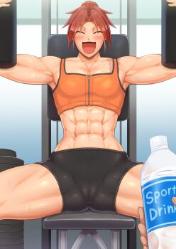 1girl abs absurdres bike_shorts blush breasts cameltoe exercising exercise_machine gym_shorts gym_uniform harurukan highres muscular muscular_female navel original paid_reward_available red_hair scar short_hair shorts small_breasts smile sportswear sweat weights