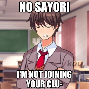 1boy angry artist_name blazer brown_hair classroom crossed_arms doki_doki_literature_club english_text jacket koukarts male_focus necktie protagonist_(doki_doki_literature_club) red_necktie school_uniform shirt signature white_shirt