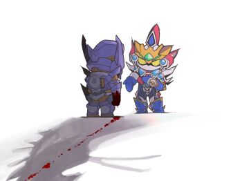 Rule 34 | acceptor, anti (ssss.gridman), armor, blood, chibi, gridknight (ssss.gridman), gridman (character), gridman (denkou choujin), gridman universe, gridman universe (movie), gridman universe fighter, highres, mecha, no humans, open hand, robot, science fiction, shadow, standing, sukoshi semashi, tokusatsu, yellow eyes