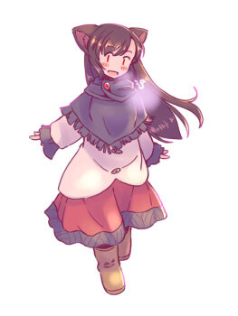 Rule 34 | 1girl, adapted costume, animal ear fluff, animal ears, black capelet, black trim, blush, boots, breath, brooch, brown boots, brown hair, capelet, check clothing, clothing request, commentary, dress, floating hair, fringe trim, imaizumi kagerou, jewelry, layered dress, long hair, long sleeves, open mouth, rangycrow, red dress, red eyes, simple background, sleeves past wrists, smile, solo, swept bangs, touhou, white background, white dress, winter clothes, wolf ears, wolf girl