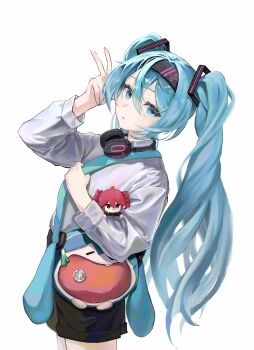 1girl absurdres alternate_costume badge bag bag_charm black_hairband black_shorts blue_eyes blue_hair button_badge character_doll charm_(object) commentary cowboy_shot doll english_commentary from_side hair_ornament hairband hand_up hatsune_miku headphones headphones_around_neck highres holding_strap itabag iyyannggo kasane_teto long_hair long_sleeves looking_at_viewer looking_to_the_side shirt shorts shoulder_bag simple_background solo spring_onion standing twintails utau vocaloid white_background white_shirt