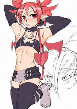 1girl 3amsoda bat_wings black_gloves commentary demon_girl demon_tail demon_wings disgaea earrings elbow_gloves english_commentary etna_(disgaea) fang flat_chest gloves highres jewelry makai_senki_disgaea mini_wings o-ring_collar open_mouth pointy_ears red_eyes red_hair red_tail red_wings skirt skull_earrings smile solo tail thighhighs wings