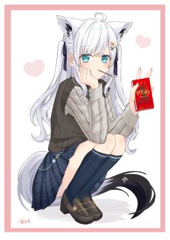 1girl absurdres ahoge akina_(user_ucnd3578) animal_ear_piercing animal_ears aqua_eyes black_shoes blue_skirt blue_socks blush food food_in_mouth fox_ears fox_girl fox_tail grey_sweater hair_between_eyes hair_ornament highres hololive long_hair looking_at_viewer official_alternate_costume official_alternate_hairstyle pentagram plaid_clothes plaid_skirt pleated_skirt pocket pocky pocky_in_mouth school_uniform shirakami_fubuki shirakami_fubuki_(11th_costume) shoes signature skirt socks solo squatting sweater tail thighs twintails white_background white_hair