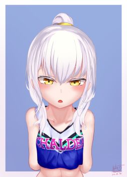 1girl absurdres arms_behind_back bare_shoulders blue_shirt blush breasts cheerleader commentary_request cropped_shirt fate/grand_order fate_(series) forked_eyebrows high_ponytail highres long_hair looking_at_viewer melusine_(fate) open_mouth ponytail shirt sidelocks sleeveless sleeveless_shirt small_breasts tutuuraura88 white_hair yellow_eyes