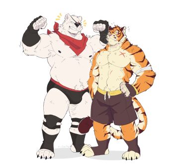 2boys absurdres animal_ears armpits averting_eyes bara bear_boy bear_ears belly bulge closed_eyes colored_sclera cross_scar eyepatch fingerless_gloves flexing fortnite gloves grey_shorts grin hands_on_own_hips highres knee_pads large_pectorals male_focus multicolored_fur multiple_boys muscular muscular_arms muscular_male nipples orange_fur oscar_(fortnite) pectorals polar_patroller_(fortnite) red_scarf scar scar_across_eye scar_on_face scarf sharp_toenails shorts smile stardog tail thick_navel_hair thick_neck thighs tiger_ears tiger_stripes tiger_tail toeless_footwear toenails topless_male twitter_username whiskers white_fur yellow_sclera