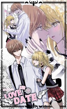 1boy 1girl absurdres ahoge amane_misa bag bare_shoulders belt black_bag black_choker black_nails black_shirt blonde_hair blush blythecd brown_eyes brown_hair choker collared_shirt commentary_request cross cross_earrings death_note earrings fishnet_thighhighs fishnets garter_straps hair_between_eyes half_updo hand_on_another's_cheek hand_on_another's_face hetero highres holding_another's_arm jewelry kabedon long_hair looking_at_another multiple_views nail_polish open_mouth parted_lips pinstripe_pattern pinstripe_shirt plaid_clothes plaid_skirt red_skirt shirt shirt_under_shirt short_hair short_twintails shoulder_bag skirt smile sparkle strap_slip striped_arm_warmers studded_belt thighhighs twintails upper_body yagami_light