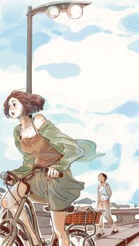 2girls bicycle black_eyes brown_camisole brown_hair brown_pants camisole chinese_commentary commentary_request day feet_out_of_frame green_jacket green_skirt highres jacket lamppost mu_xiaoen multiple_girls my_dear_lass old old_woman open_clothes open_jacket open_mouth outdoors pants riding riding_bicycle sandals shirt short_hair single_off_shoulder skirt sky sleeveless sleeveless_shirt teleixihu_tracy walking white_shirt