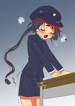 1boy artist_request black_hair blush bulge closed_eyes crotch_rub erection erection_under_clothes grey_background hat highres houjou_tokiyuki_(nige_jouzu_no_wakagimi) long_hair male_focus male_masturbation masturbation nige_jouzu_no_wakagimi open_mouth ponytail school_uniform shorts shota solo standing sweat table_humping trap trembling