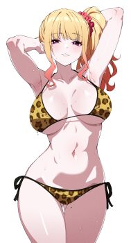 1girl absurdres animal_print armpits arms_up bikini blonde_hair breasts commentary gradient_hair hair_ornament hair_scrunchie highres large_breasts leopard_print leopard_print_bikini lina_(reia_76) looking_at_viewer mole mole_on_thigh multicolored_hair navel original parted_lips pink_eyes pink_hair pink_scrunchie print_bikini reia_76 scrunchie side-tie_bikini_bottom side_ponytail simple_background solo swimsuit white_background