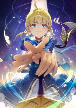 Rule 34 | absurdres, artoria pendragon (fate), blonde hair, blue dress, blue eyes, blush, dress, fate/stay night, fate (series), highres, holding, holding sword, holding weapon, honkai: star rail, honkai (series), jelmul, looking at viewer, magic, medium hair, saber (fate), saber (honkai: star rail) (fate), sword, weapon