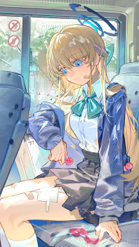 1girl absurdres bandaid bandaid_on_face bandaid_on_leg black_skirt blonde_hair blue_archive blue_bow blue_eyes blue_jacket bow bullet_hole candy closed_mouth danbaofan_omuless food hair_between_eyes hair_bow high-waist_skirt highres holding holding_candy holding_food holding_lollipop jacket kneehighs lollipop long_hair looking_down official_alternate_costume official_alternate_hairstyle shirt sidelocks sitting skirt socks solo toki_(blue_archive) toki_(school_uniform)_(blue_archive) white_shirt white_socks