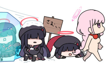 3girls beret black_gloves black_hair black_hat black_sailor_collar black_serafuku black_shirt black_skirt black_socks blanket blue_archive braid breasts chibi commentary_request completely_nude crying eimi_(blue_archive) frozen gloves hat headphones headphones_around_neck justice_task_force_member_(blue_archive) knees_up long_hair lowres medium_breasts multiple_girls no_shoes nude nyaru_(nyaru_4126) open_mouth pink_hair pleated_skirt sailor_collar school_uniform serafuku shirt sign simple_background skirt snow socks tears translated very_long_hair white_background wind