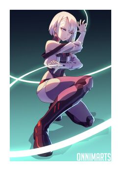 1girl absurdres breasts cd_projekt_red cyberpunk_(series) cyberpunk_2077 cyberpunk:_edgerunners highres looking_at_viewer lucy_(cyberpunk) medium_breasts onnim purple_eyes purple_hair short_hair simple_background solo teeth trigger_(company)