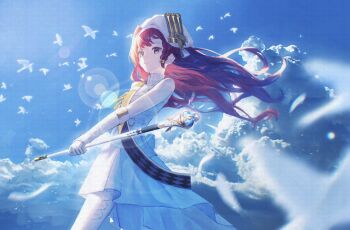 Rule 34 | 1girl, beret, bird, blue sky, braid, braided sidelock, closed mouth, cloud, cloudy sky, commentary request, cowboy shot, day, dress, floating hair, gloves, green eyes, hat, highres, holding baton, lens flare, long hair, looking ahead, marching band baton, official alternate costume, orange hair, outdoors, pantyhose, reverse:1999, sash, short dress, shoulder sash, simple bird, sky, sleeveless, sleeveless dress, solo, sonetto (parade anthem) (reverse:1999), sonetto (reverse:1999), walking, white bird, white dress, white gloves, white hat, white pantyhose, xjsbca, yellow sash