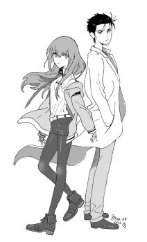 Rule 34 | 1boy, 1girl, 2023, adam's apple, arm belt, back-to-back, beard stubble, belt, black hair, black pantyhose, black shorts, breast pocket, breasts, brown hair, brown jacket, brown pants, collarbone, collared shirt, commentary request, dated, facial hair, full body, greyscale, hair between eyes, hair over shoulder, jacket, jacket partially removed, lab coat, lapels, leather belt, long hair, long sleeves, looking at viewer, makise kurisu, messy hair, monochrome, necktie, notched lapels, okabe rintarou, open clothes, pants, pantyhose, pocket, rocni, science adventure, shirt, shorts, simple background, small breasts, standing, steins;gate, stubble, t-shirt, white belt, white shirt