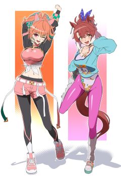 Rule 34 | 2girls, absurdres, animal ears, commentary, cosplay, costume switch, dantsu flame (center spotlight) (umamusume), dantsu flame (umamusume), dantsu flame (umamusume) (cosplay), english commentary, highres, hololive, hololive english, horse ears, horse girl, horse tail, looking at viewer, mergeritter, multiple girls, orange hair, pantyhose, pink pantyhose, red eyes, short hair, smile, tail, takanashi kiara, takanashi kiara (cosplay), takanashi kiara (fever night), umamusume