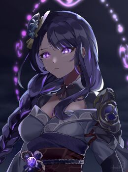 1girl artist_name blunt_bangs braid breasts bridal_gauntlets cleavage closed_mouth commentary expressionless fan_hair_ornament genshin_impact glowing glowing_eyes head_tilt highres japanese_clothes kimono large_breasts long_braid looking_at_viewer mole mole_under_eye multicolored_hair neck_ribbon off_shoulder purple_eyes purple_hair purple_kimono raiden_shogun ribbon sash shade solo streaked_hair upper_body wakiobake watermark wide_sleeves