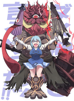 1girl :d blue_eyes blue_hair blue_skirt blue_vest breasts chain commentary_request crossed_arms full_body geta hammer heterochromia highres holding holding_umbrella ippon-datara_(nioh) juliet_sleeves jumping karakasa_obake large_breasts long_sleeves looking_at_viewer monster muscular nioh_2 open_mouth otoufu_(wddkq314band) outstretched_arms panties pantyshot puffy_sleeves purple_umbrella red_eyes short_hair skirt smile socks tatara_kogasa teruterubouzu touhou translation_request umbrella underwear vest white_background white_legwear white_panties