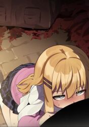 1boy 1girl :&gt;= animated autumn autumn_leaves bar_censor black_skirt blonde_hair blue_eyes blush censored chrono_ark deepthroat dot_nose empty_eyes feet_out_of_frame fellatio from_above from_side hair_between_eyes hair_ornament hairclip half-closed_eyes heart heart-shaped_pupils hetero jewelry kneeling large_penis leaf leaning_forward loli long_hair long_sleeves looking_at_another looking_up looping_animation lucy_(chrono_ark) mizumizuni necklace nose_blush oral outdoors penis pink_sweater purple_skirt scarf skirt socks solo_focus sound source_request sunset sweater symbol-shaped_pupils third-party_edit two-tone_skirt veins veiny_penis video white_scarf white_socks