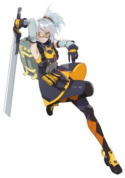 1girl ammunition_pouch arm_up armpit_focus armpits bare_shoulders belt black_dress black_gloves container dress gloves goggles grey_sleeves hair_between_eyes highres holding holding_sword holding_weapon knee_pads looking_at_viewer open_mouth orange-tinted_eyewear orange_eyes ponytail pouch sleeveless sleeveless_jacket soldier_11_(zenless_zone_zero) solo standing standing_on_one_leg sword tinted_eyewear twitter_username weapon white_background white_hair yellow-tinted_eyewear yellow_dress zenless_zone_zero zunda_kaku