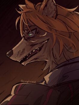 1boy animal_ears armor black_armor green_eyes greyl1me highres orange_hair re:zero_kara_hajimeru_isekai_seikatsu sharp_teeth signature solo teeth todd_fang werewolf wolf