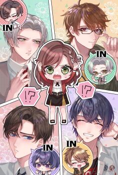 !? 1girl 4boys :d ^_^ arms_up artem_wing_(tears_of_themis) black-framed_eyewear black_hair black_shirt black_skirt blue_eyes body_writing brown_eyes brown_hair brown_vest chibi closed_eyes closed_mouth collared_shirt commentary_request copiki_017 dress_shirt floral_background glasses green_jacket grey_hair hair_between_eyes highres jacket luke_pearce_(tears_of_themis) marius_von_hagen_(tears_of_themis) multiple_boys necktie open_clothes open_jacket open_mouth open_shirt purple_eyes red_eyes red_jacket red_necktie rosa_(tears_of_themis) semi-rimless_eyewear shirt skirt smile spoken_interrobang striped_clothes striped_jacket tears_of_themis under-rim_eyewear undershirt vertical-striped_clothes vertical-striped_jacket vest vyn_richter_(tears_of_themis) white_shirt yellow_shirt