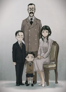 1girl 3boys black_jacket black_necktie black_pants black_shoes black_suit breasts brothers buttons chair closed_mouth collared_shirt damian_desmond demetrius_desmond donovan_desmond double-breasted dress facial_hair family father_and_son formal_clothes frown full_body grey_background grey_dress grey_eyes grey_jacket grey_necktie highres jacket long_dress m_agic_hour medium_breasts medium_hair melinda_desmond mother_and_son multiple_boys mustache necktie no_eyebrows own_hands_together pants parent_and_child portrait shirt shoes short_hair siblings sidelocks sitting smile socks spy_x_family standing suit white_shirt white_shoes white_socks wide-eyed