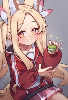 1girl animal_ears blonde_hair blue_archive cosplay extra_ears food fox_ears fox_girl fox_tail grey_background grin halo highres hood hood_down hooded_jacket jacket long_hair looking_at_viewer macaron miniskirt miya_(miyaruta) parted_lips pink_eyes pink_skirt pleated_skirt red_jacket seia_(blue_archive) simple_background sitting skirt smile solo tail track_jacket twintails yellow_halo yoshimi_(blue_archive) yoshimi_(blue_archive)_(cosplay)