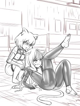 2girls abandoned_building absurdres akemithekitten animal_ears bdsm bodysuit cat_ears cat_girl cat_tail highres hotel01 latex latex_bodysuit loli multiple_girls original sketch tail