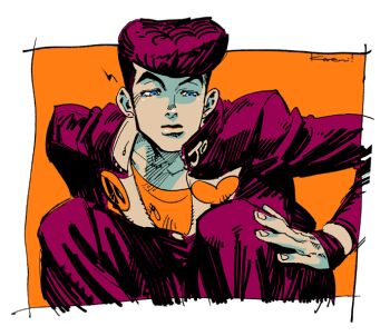 1boy blue_eyes gakuran higashikata_josuke jacket jojo_no_kimyou_na_bouken kotteri looking_down looking_to_the_side male_focus orange_background orange_shirt pants pompadour school_uniform shirt solo squatting thick_eyebrows