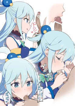 1boy 1girl aqua_(konosuba) aqua_bow bar_censor bare_shoulders blue_eyes blue_hair blush bow breasts bright_pupils censored closed_eyes clothed_female_nude_male commentary_request dark-skinned_male dark_skin deepthroat detached_sleeves fellatio green_bow hair_bobbles hair_ornament hair_rings hetero highres kono_subarashii_sekai_ni_shukufuku_wo! licking licking_penis long_hair matching_hair/eyes medium_breasts multiple_views nude open_mouth oral penis penis_awe pointless_censoring ponytail profile seidenki6 simple_background single_hair_ring sphere_hair_ornament tongue tongue_out translation_request white_background