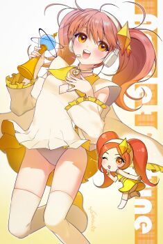 Rule 34 | 2girls, absurdres, amulet dia, detached sleeves, dia (shugo chara!), diamond hair ornament, dress, grey panties, guardian chara, highres, hinamori amu, holding, holding wand, humpty lock (shugo chara!), jewelry, long sleeves, looking at viewer, multicolored hair, multiple girls, necklace, one eye closed, orange eyes, orange hair, panties, pink hair, pita (ppp), shugo chara!, thighhighs, twintails, underwear, wand, white thighhighs, yellow dress