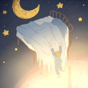 1other absurdres ambiguous_gender analog_clock avogado6 barefoot bed blanket blonde_hair clock commentary_request crescent_moon highres long_sleeves moon night night_sky original pajamas scenery sky solo star_(sky) star_(symbol) starry_sky surreal wide_shot