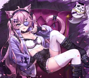 1girl absurdres ahoge animal_ear_fluff animal_ear_legwear animal_ears black_skirt breasts cat_ear_legwear cat_ears cat_girl cat_hair_ornament cat_tail chair cleavage collar commentary eyepatch goth_fashion hair_ornament heart heart_eyepatch highres indie_virtual_youtuber jacket jewelry looking_at_viewer matsel_arts midriff necklace nyatasha_nyanners open_mouth pink_hair purple_eyes purple_jacket sitting skirt small_breasts tail thigh_focus thighhighs thighs virtual_youtuber