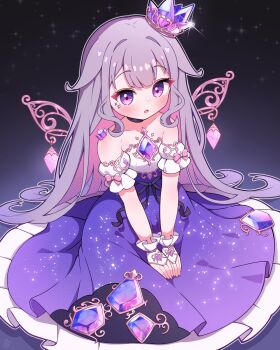 1girl :o absurdres alternate_costume bare_shoulders black_background blush bow collarbone colored_inner_hair commentary detached_sleeves dress fingerless_gloves gem gloves gold_trim gradient_background gradient_hair grey_hair highres hololive hololive_english koseki_bijou long_hair looking_at_viewer multicolored_hair pink_bow pink_hair purple_background purple_dress purple_eyes purple_gem purple_hair short_sleeves shutowl solo strapless strapless_dress very_long_hair virtual_youtuber white_gloves white_sleeves wings