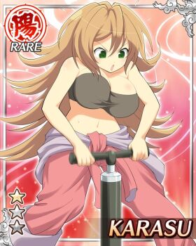 1girl :o air_pump border bouncing_breasts breasts brown_hair brown_tube_top card_(medium) character_name cleavage english_text game_cg green_eyes jumpsuit jumpsuit_around_waist karasu_(senran_kagura) large_breasts long_hair looking_down navel official_art pink_jumpsuit pump senran_kagura senran_kagura_new_wave solo strapless sweat tube_top