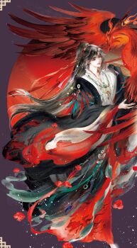 1boy androgynous bird black_eyes black_hair black_hanfu chinese_clothes dress feathers floating floating_hair flower full_body green_feathers hair_ornament hair_ribbon hanfu high_ponytail highres jewelry kcllzas163 light_particles long_hair long_sleeves looking_at_animal looking_to_the_side male_focus modao_zushi moon multicolored_robe necklace official_art parted_lips phoenix ponytail red_bird red_feathers red_flower red_ribbon ribbon robe smile solo third-party_source upper_body wei_wuxian wide_sleeves yaopei