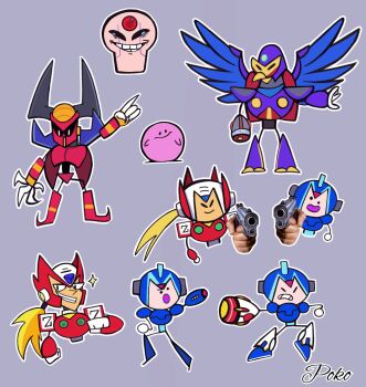 5boys arm_cannon armor blue_armor blue_helmet boomer_kuwanger_(mega_man) commentary english_commentary forehead_jewel grey_background helmet highres horns kirby kirby_(series) mega_man_(series) mega_man_x1 mega_man_x_(series) multiple_boys nintendo poko589 red_armor red_helmet sigma_(mega_man) simple_background storm_eagle_(mega_man) weapon x_(mega_man) zero_(mega_man)