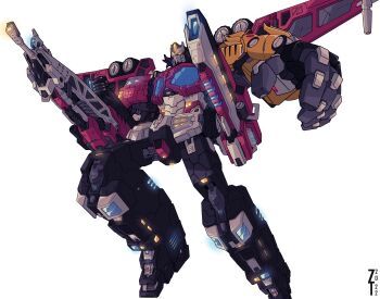 1boy absurdres autobot cannon faceplate galaxy_convoy glowing glowing_eyes highres huge_weapon humanoid_robot insignia lextodrawstuff machine mecha mechanical_wings optimus_prime robot science_fiction simple_background transformers transformers_cybertron transformers_unicron_trilogy weapon wheel white_background wings yellow_eyes