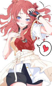 Rule 34 | 1girl, absurdres, black shorts, blue eyes, blush, brown sweater vest, clenched teeth, commentary, cowboy shot, fingerless gloves, gakuen idolmaster, gloves, hair ornament, hanami saki, heart, heart hair ornament, highres, idolmaster, long hair, looking at viewer, open mouth, red hair, red sweater vest, shirt, short sleeves, shorts, simple background, single glove, smile, solo, spoken heart, sweater vest, teeth, two-tone sweater vest, two side up, urishima, white background, white shirt