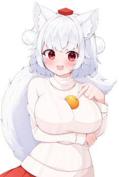 1girl :d animal_ear_fluff animal_ears between_breasts blush breasts commentary_request fang food fruit hat inubashiri_momiji large_breasts long_sleeves looking_at_viewer mandarin_orange open_mouth pleated_skirt red_eyes red_hat red_skirt ribbed_sweater rururiaru short_hair simple_background skirt smile solo sweater tail tokin_hat touhou turtleneck turtleneck_sweater upper_body white_background white_hair white_sweater wolf_ears wolf_girl wolf_tail