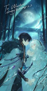 1boy 1girl arm_at_side armor artist_request bare_tree black_hair black_shorts blunt_ends bow bowtie character_name chromatic_aberration cloak cloud cloudy_sky coat collar commission commissioner_insert couple cross-laced_clothes cross-laced_dress dress eyelashes eyeliner eyeshadow fatui_coat full_moon fur-trimmed_hood fur_trim genshin_impact glint gold hand_up happy_birthday hayami_momo_(hayamimomo) hetero highres hood hood_down hooded_cloak hooded_coat japanese_armor jewelry kote kurokote lapels large_bow long_hair long_sleeves makeup mandarin_collar mole mole_under_eye moon neck_ring night oc_x_canon open_clothes open_coat open_hand original outdoors pale_skin parted_lips pink_eyes pinky_swear purple_eyes railroad_tracks red_eyeliner red_eyeshadow scaramouche_(genshin_impact) second-party_source shorts sidelocks sky snowing train tree white_bow white_bowtie white_cloak white_coat white_collar white_dress white_hair white_hood white_sleeves