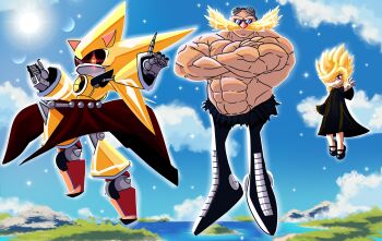 1girl 2boys abs android animal_nose bald black_dress black_sclera blonde_hair bluearcher69 character_request closed_mouth cloud colored_sclera crossed_arms day dr._eggman dress facial_hair floating full_body furry furry_male goggles hair_over_one_eye highres mecha metal_sonic multiple_boys muscular muscular_male mustache neo_metal_sonic one_eye_covered red_eyes robot sage_(sonic) short_hair sky sonic_(series) sonic_frontiers sonic_heroes sonic_the_hedgehog_(idw) sparkle strong sun super_neo_metal_sonic the_murder_of_sonic_the_hedgehog topless_male what white_hair