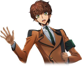1boy against_glass armband artist_request brown_hair buttons clenched_hand code_geass code_geass:_lost_stories collared_shirt cropped_torso dutch_angle game_cg green_eyes green_necktie hands_up jacket kururugi_suzaku long_sleeves male_focus military_uniform necktie non-web_source official_art open_mouth orange_jacket shirt short_hair sidelocks simple_background solo standing surprised teeth transparent_background upper_body white_shirt wide-eyed