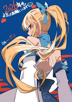 1girl absurdres bare_shoulders blonde_hair blue_eyes commentary_request cowboy_shot dark_elf detached_sleeves elf from_behind hanten_(hantennano) high_ponytail highres hololive looking_at_viewer looking_back multicolored_hair pointy_ears ponytail shiranui_flare simple_background solo streaked_hair two-tone_hair virtual_youtuber white_hair